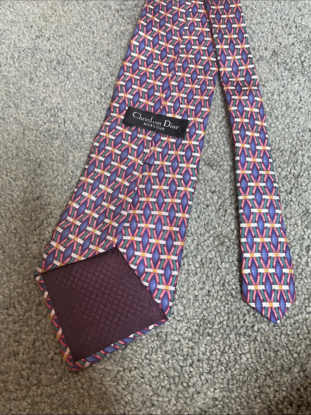 Christian Dior Silk Geometric Pattern Men’s Tie Purple Pink Vintage